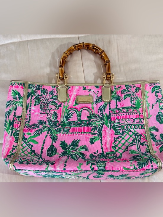 Lilly Pulitzer Handbags - Lilly Pulitzer Greydon Canvas Tote natural bamboo top handles gold hardware EC